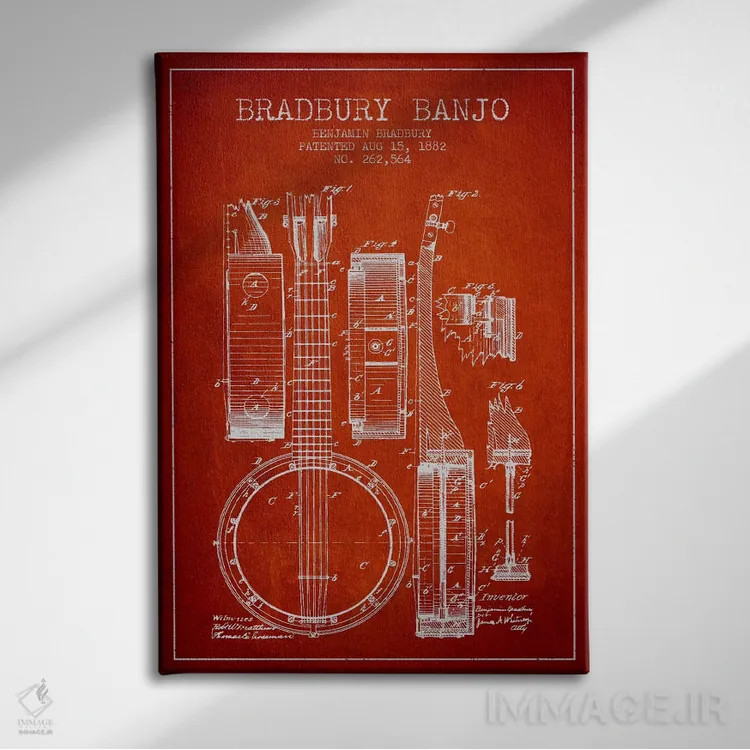 تابلو طرح ثبت اختراع بانجو (قرمز) اثر پیکسل کهنه (استودیو/نام هنری) - نمای روبهرو روی دیوار