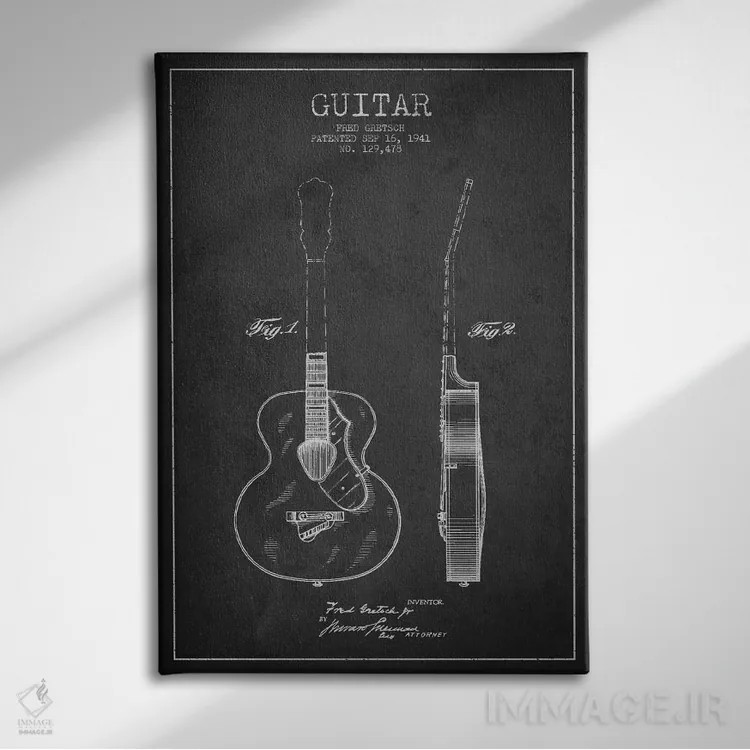 تابلو طرح ثبت اختراع گیتار (زغالی) اثر پیکسل کهنه (استودیو/نام هنری) - نمای روبهرو روی دیوار