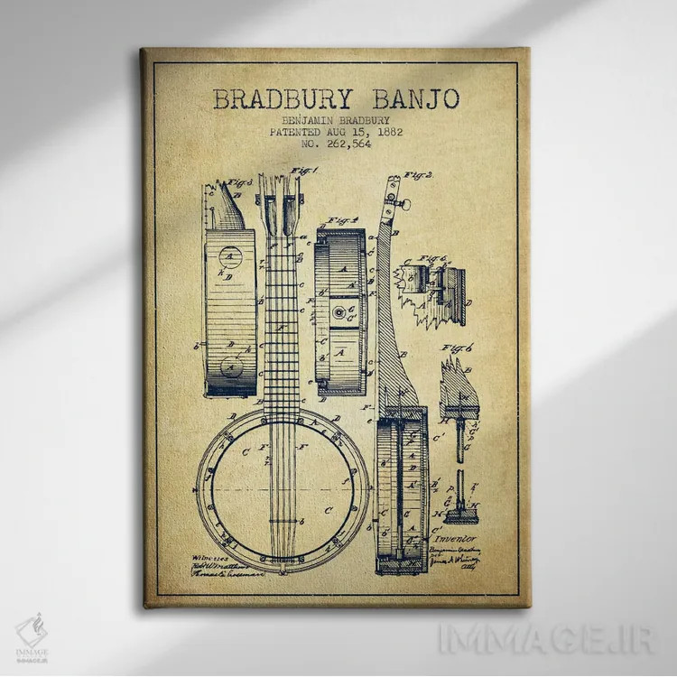 تابلو طرح ثبت اختراع بانجو (کهنه) اثر پیکسل کهنه (استودیو/نام هنری) - نمای روبهرو روی دیوار
