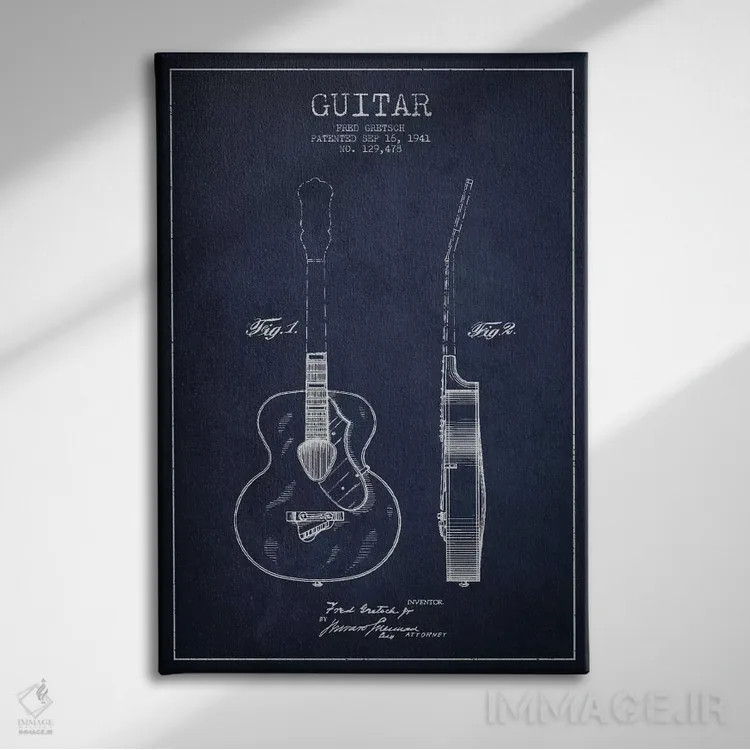 تابلو طرح ثبت اختراع گیتار (آبی نفتی) اثر پیکسل کهنه (استودیو/نام هنری) - نمای روبهرو روی دیوار