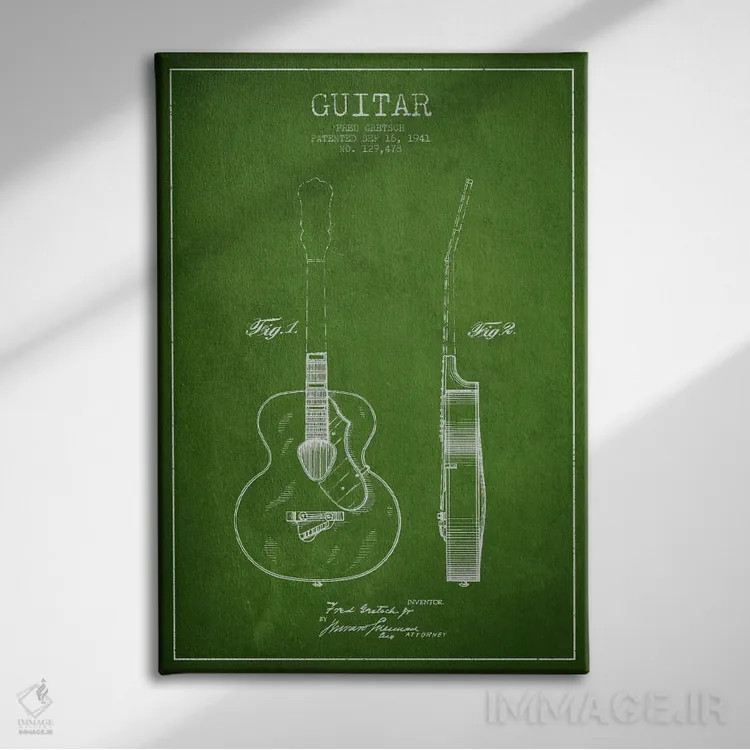 تابلو طرح ثبت اختراع گیتار (سبز) اثر پیکسل کهنه (استودیو/نام هنری) - نمای روبهرو روی دیوار