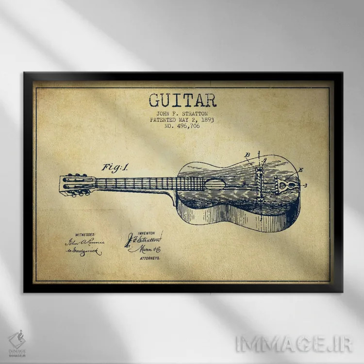 تابلو طرح ثبت اختراع گیتار (کهنه) اثر پیکسل کهنه (استودیو/نام هنری) - نمای قابدار مشکی