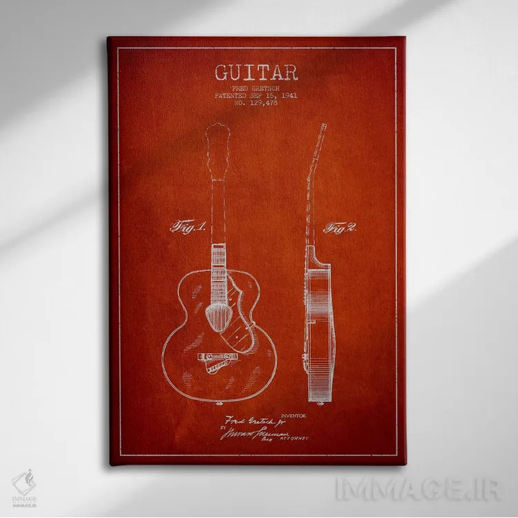 تابلو طرح ثبت اختراع گیتار (قرمز) اثر پیکسل کهنه (استودیو/نام هنری) - نمای روبهرو روی دیوار