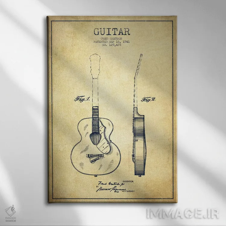 تابلو طرح ثبت اختراع گیتار (کهنه) اثر پیکسل کهنه (استودیو/نام هنری) - نمای روبهرو روی دیوار