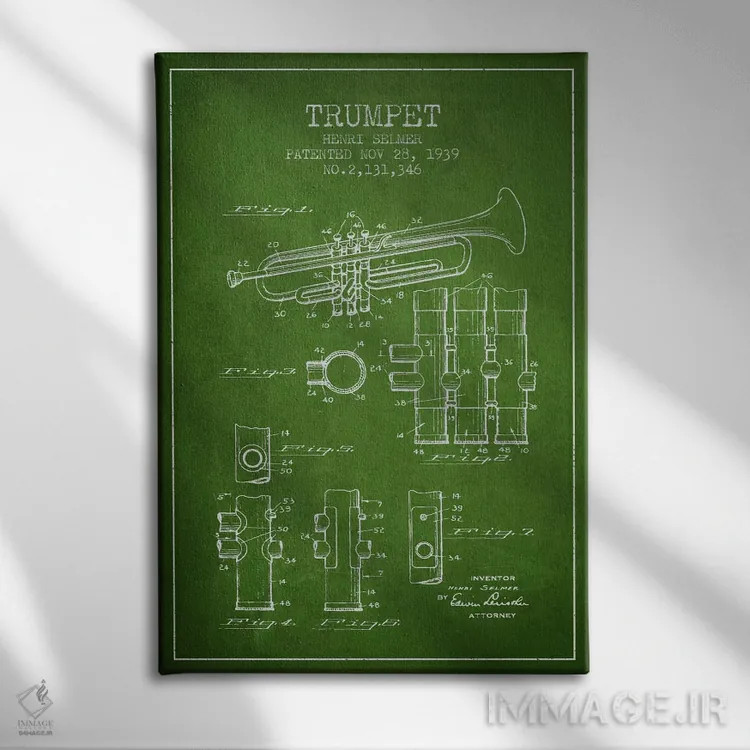 تابلو طرح ثبت اختراع ترومپت (سبز) اثر پیکسل کهنه (استودیو/نام هنری) - نمای روبهرو روی دیوار