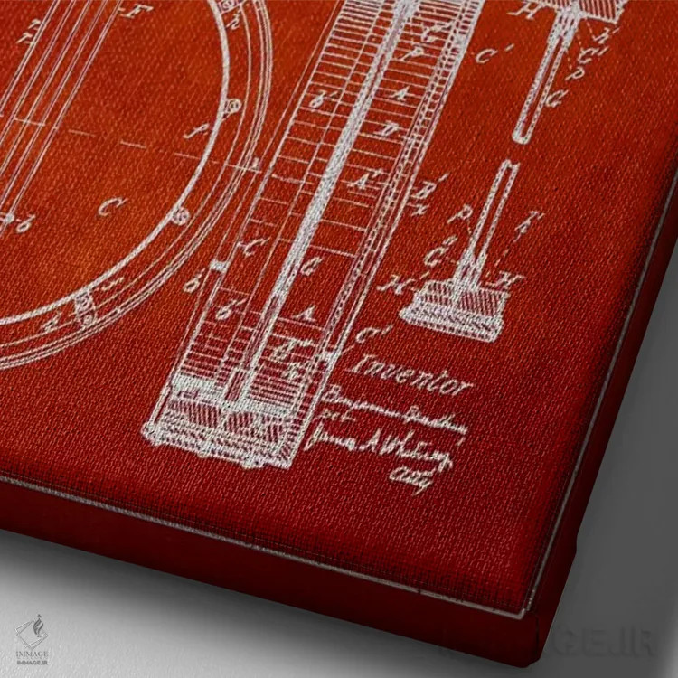 تابلو طرح ثبت اختراع بانجو (قرمز) اثر پیکسل کهنه (استودیو/نام هنری) - نمای نزدیک بافت بوم