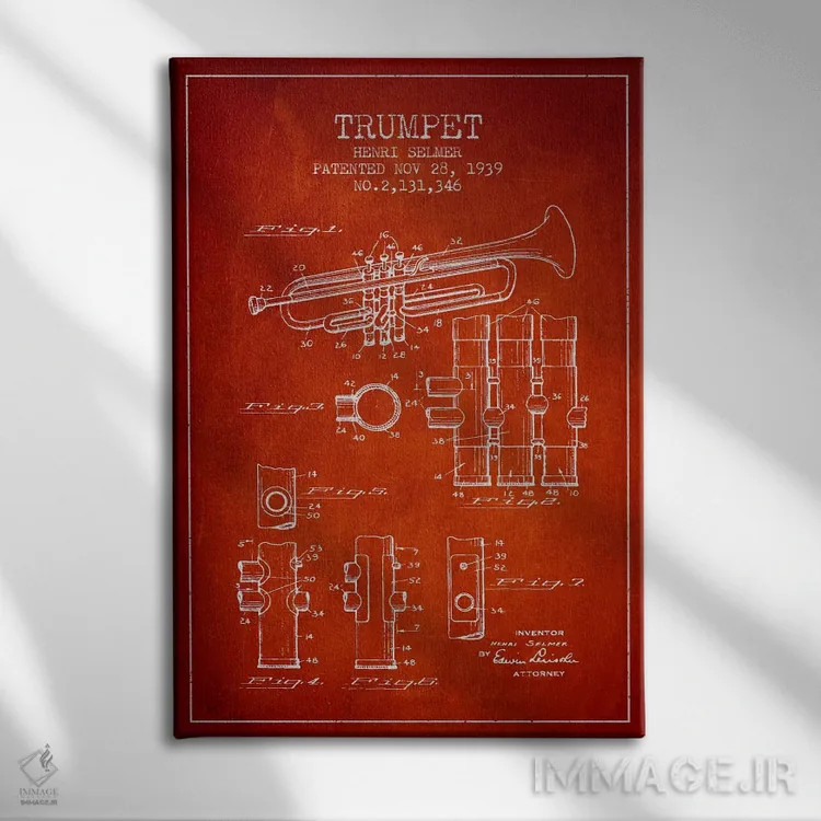 تابلو طرح ثبت اختراع ترومپت (قرمز) اثر پیکسل کهنه (استودیو/نام هنری) - نمای روبهرو روی دیوار