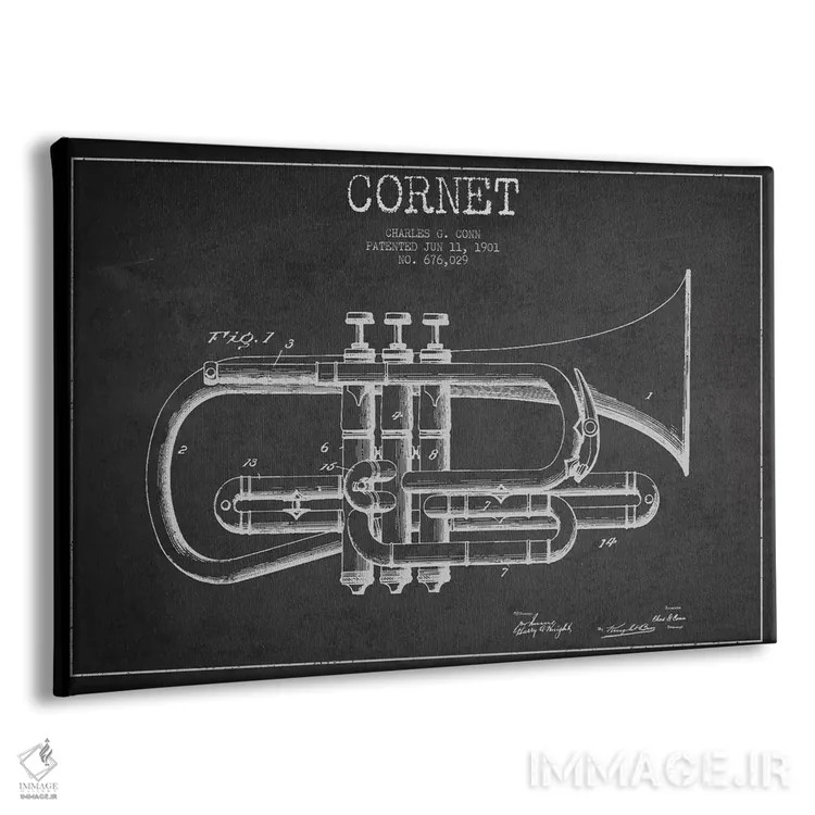 تابلو طرح ثبت اختراع کورنت (زغالی) (ساز بادی برنجی شبیه ترومپت) اثر پیکسل کهنه (استودیو/نام هنری) - نمای پرسپکتیو محصول