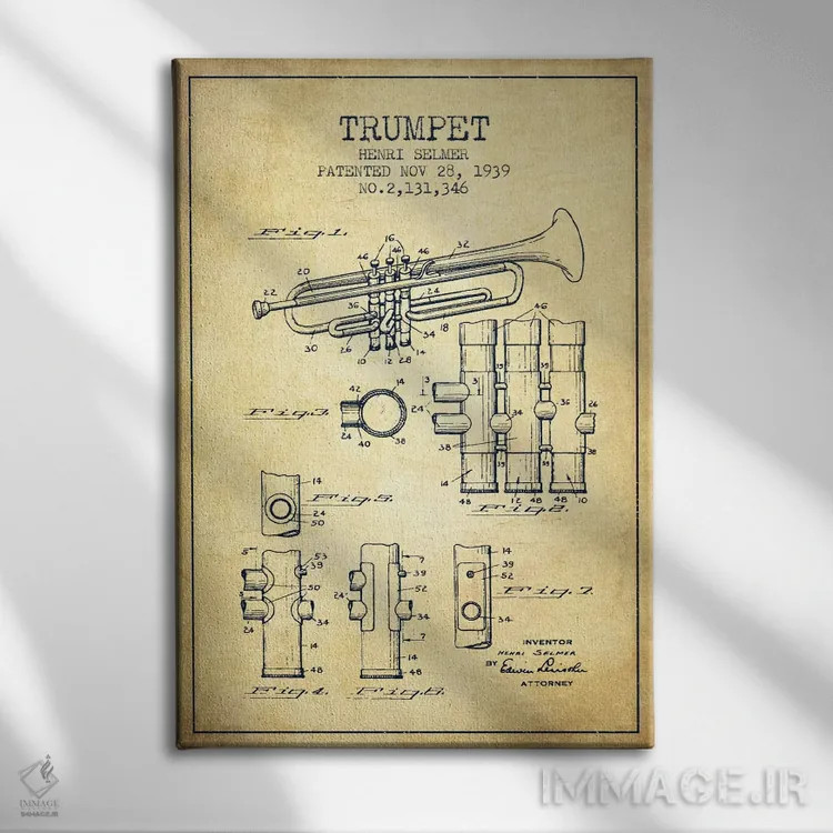 تابلو طرح ثبت اختراع ترومپت (کهنه) اثر پیکسل کهنه (استودیو/نام هنری) - نمای روبهرو روی دیوار
