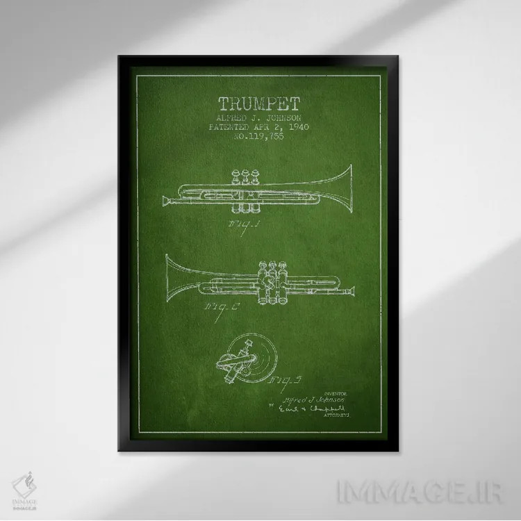 تابلو طرح ثبت اختراع ترومپت (سبز) اثر پیکسل کهنه (استودیو/نام هنری) - نمای قابدار مشکی