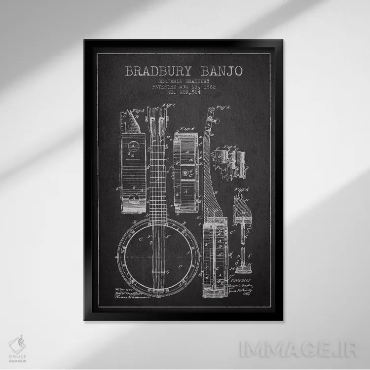 تابلو طرح ثبت اختراع بانجو (زغالی) اثر پیکسل کهنه (استودیو/نام هنری) - نمای قابدار مشکی