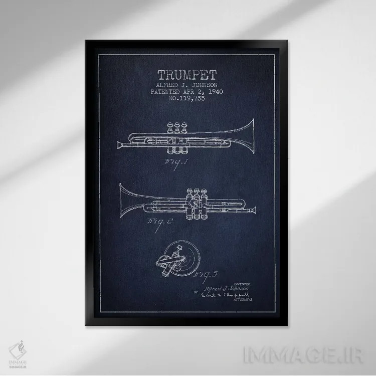 تابلو طرح ثبت اختراع ترومپت (آبی نفتی) اثر پیکسل کهنه (استودیو/نام هنری) - نمای قابدار مشکی