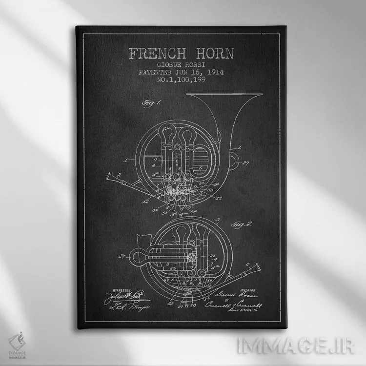 تابلو طرح ثبت اختراع هورن (زغالی) (ساز بادی برنجی) اثر پیکسل کهنه (استودیو/نام هنری) - نمای روبهرو روی دیوار