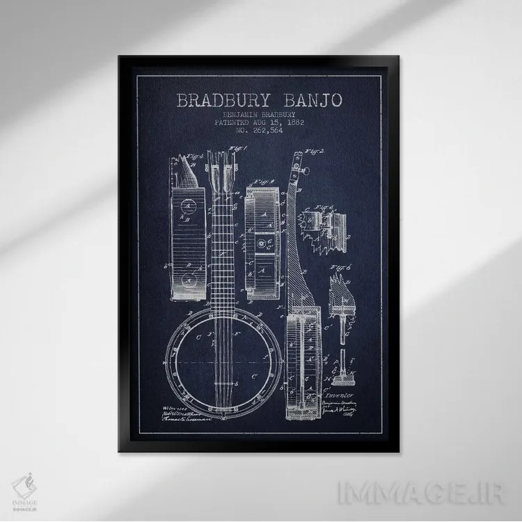 تابلو طرح ثبت اختراع بانجو (آبی نفتی) اثر پیکسل کهنه (استودیو/نام هنری) - نمای قابدار مشکی