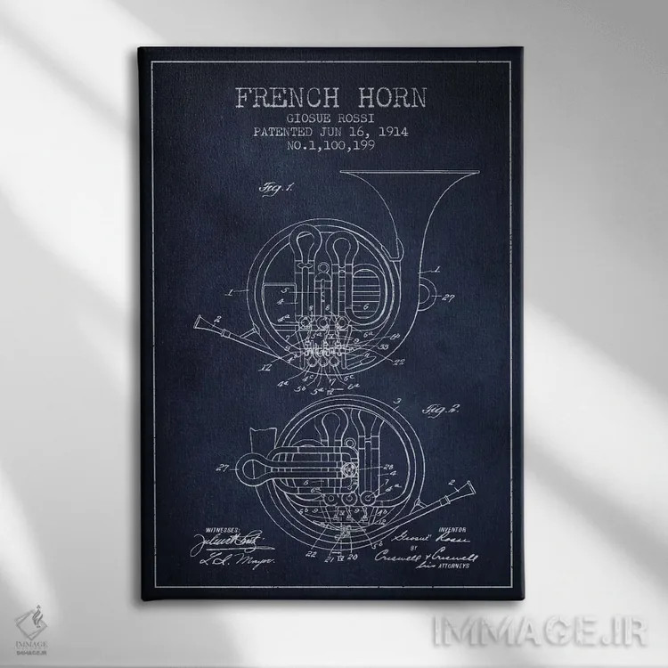 تابلو طرح ثبت اختراع هورن (آبی نفتی) (ساز بادی برنجی) اثر پیکسل کهنه (استودیو/نام هنری) - نمای روبهرو روی دیوار