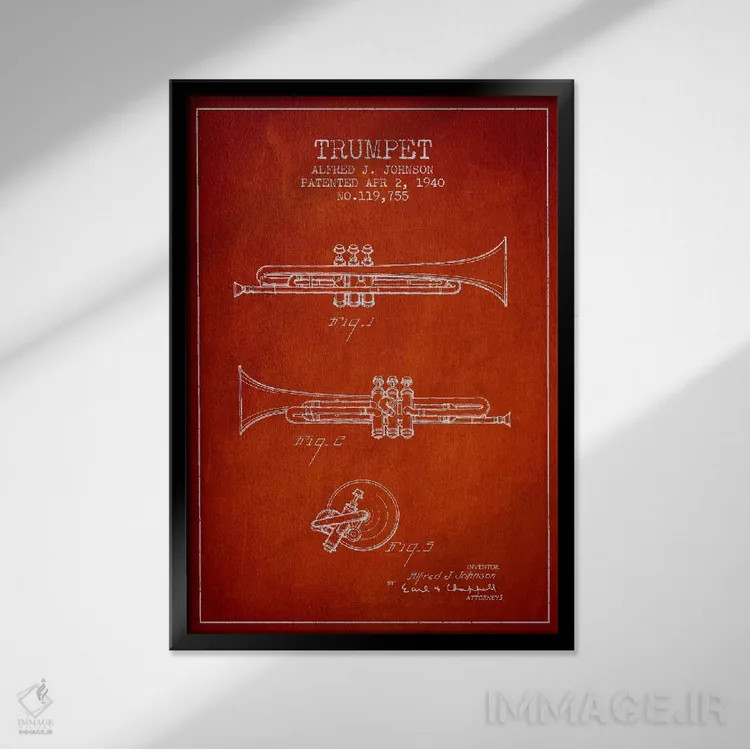 تابلو طرح ثبت اختراع ترومپت (قرمز) اثر پیکسل کهنه (استودیو/نام هنری) - نمای قابدار مشکی