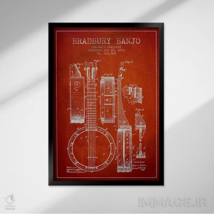 تابلو طرح ثبت اختراع بانجو (قرمز) اثر پیکسل کهنه (استودیو/نام هنری) - نمای قابدار مشکی