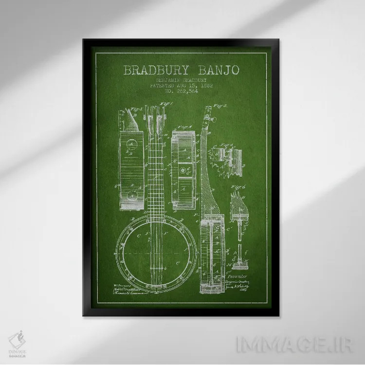 تابلو طرح ثبت اختراع بانجو (سبز) اثر پیکسل کهنه (استودیو/نام هنری) - نمای قابدار مشکی