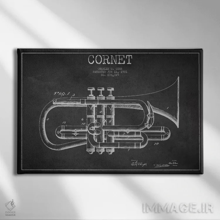تابلو طرح ثبت اختراع کورنت (زغالی) (ساز بادی برنجی شبیه ترومپت) اثر پیکسل کهنه (استودیو/نام هنری) - نمای روبهرو روی دیوار