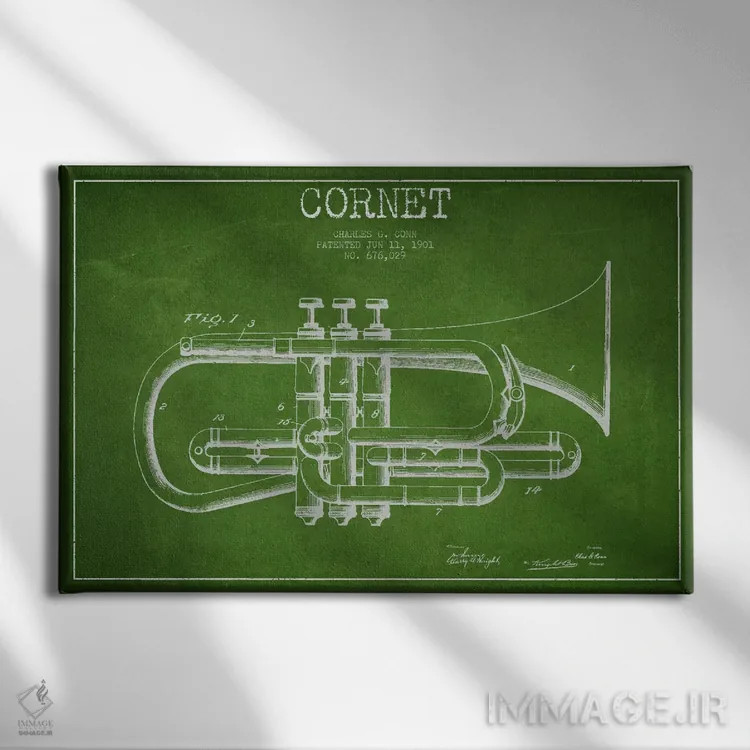 تابلو طرح ثبت اختراع کورنت (سبز) اثر پیکسل کهنه (استودیو/نام هنری) - نمای روبهرو روی دیوار