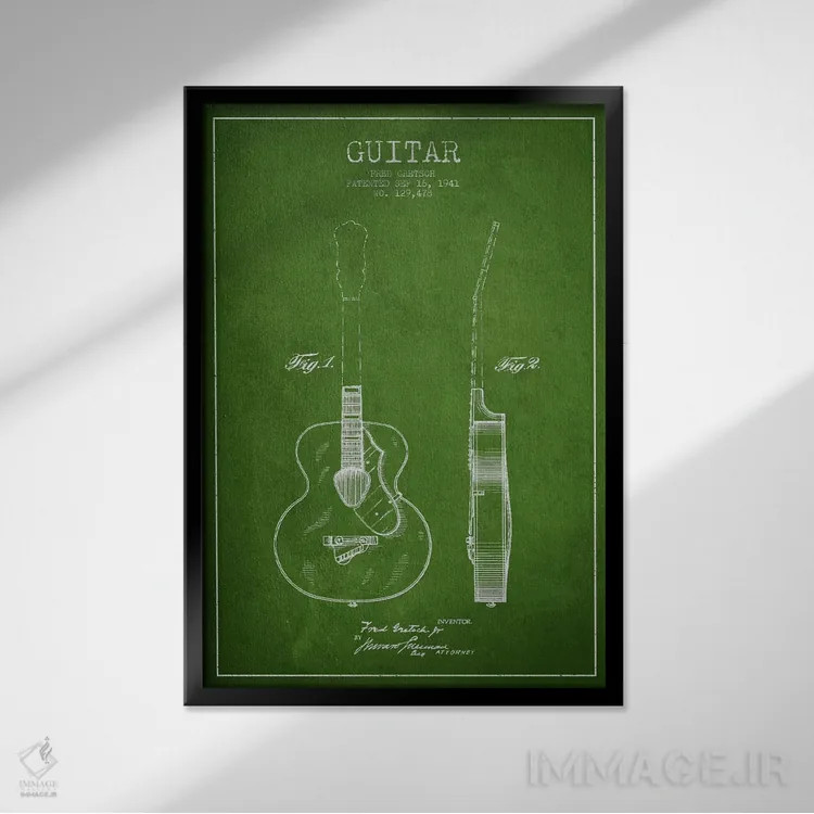 تابلو طرح ثبت اختراع گیتار (سبز) اثر پیکسل کهنه (استودیو/نام هنری) - نمای قابدار مشکی