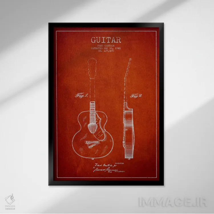 تابلو طرح ثبت اختراع گیتار (قرمز) اثر پیکسل کهنه (استودیو/نام هنری) - نمای قابدار مشکی