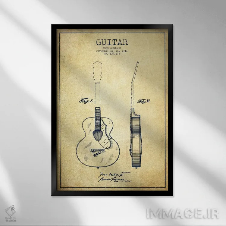 تابلو طرح ثبت اختراع گیتار (کهنه) اثر پیکسل کهنه (استودیو/نام هنری) - نمای قابدار مشکی