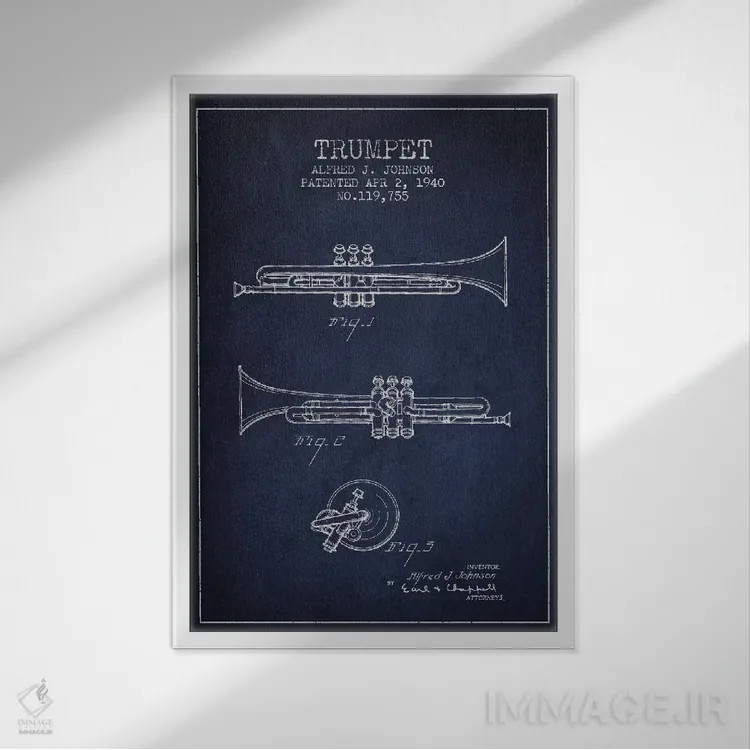 تابلو طرح ثبت اختراع ترومپت (آبی نفتی) اثر پیکسل کهنه (استودیو/نام هنری) - نمای قابدار سفید