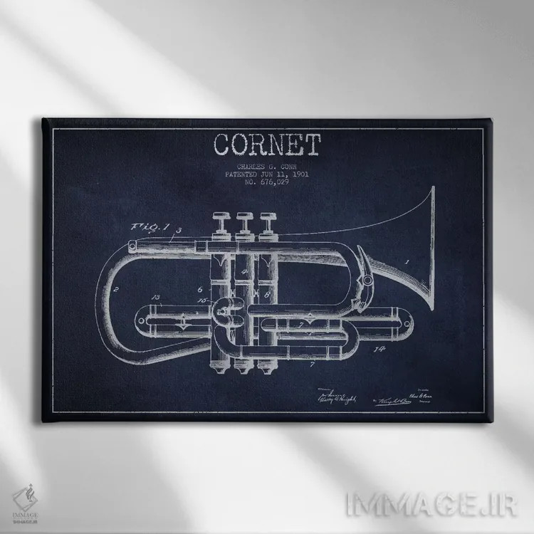 تابلو طرح ثبت اختراع کورنت (آبی نفتی) اثر پیکسل کهنه (استودیو/نام هنری) - نمای روبهرو روی دیوار