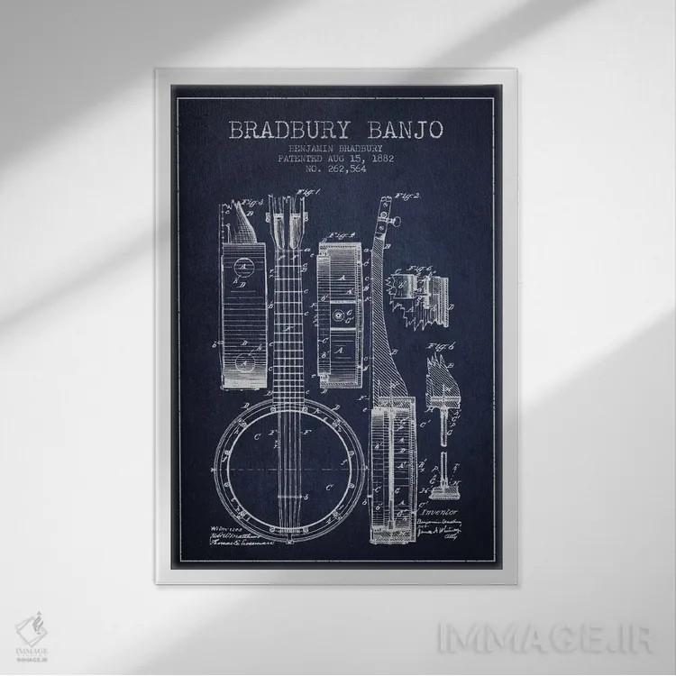 تابلو طرح ثبت اختراع بانجو (آبی نفتی) اثر پیکسل کهنه (استودیو/نام هنری) - نمای قابدار سفید