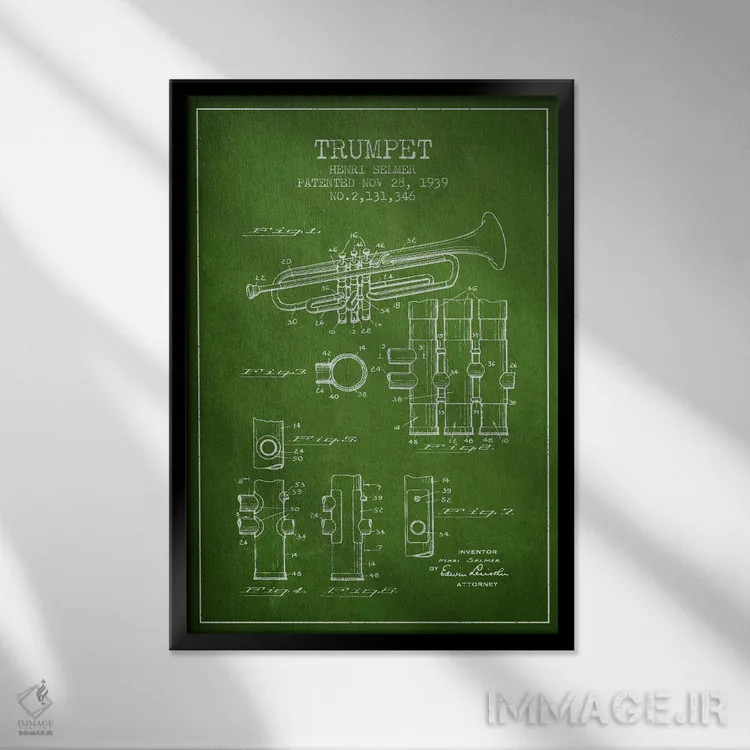 تابلو طرح ثبت اختراع ترومپت (سبز) اثر پیکسل کهنه (استودیو/نام هنری) - نمای قابدار مشکی