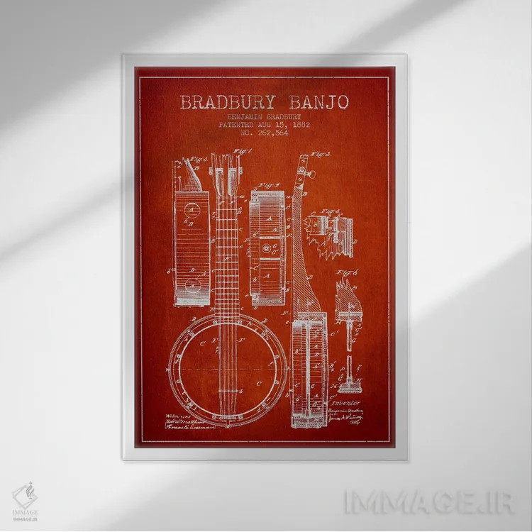 تابلو طرح ثبت اختراع بانجو (قرمز) اثر پیکسل کهنه (استودیو/نام هنری) - نمای قابدار سفید