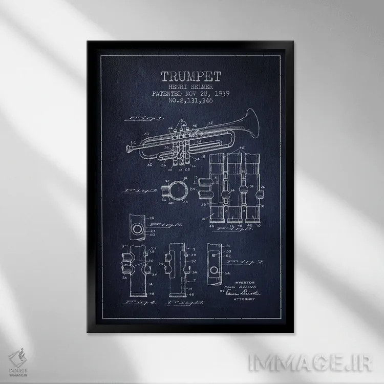 تابلو طرح ثبت اختراع ترومپت (آبی نفتی) اثر پیکسل کهنه (استودیو/نام هنری) - نمای قابدار مشکی