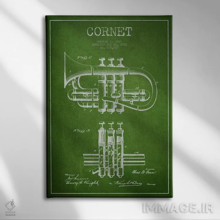 تابلو طرح ثبت اختراع کورنت (سبز) اثر پیکسل کهنه (استودیو/نام هنری) - نمای روبهرو روی دیوار