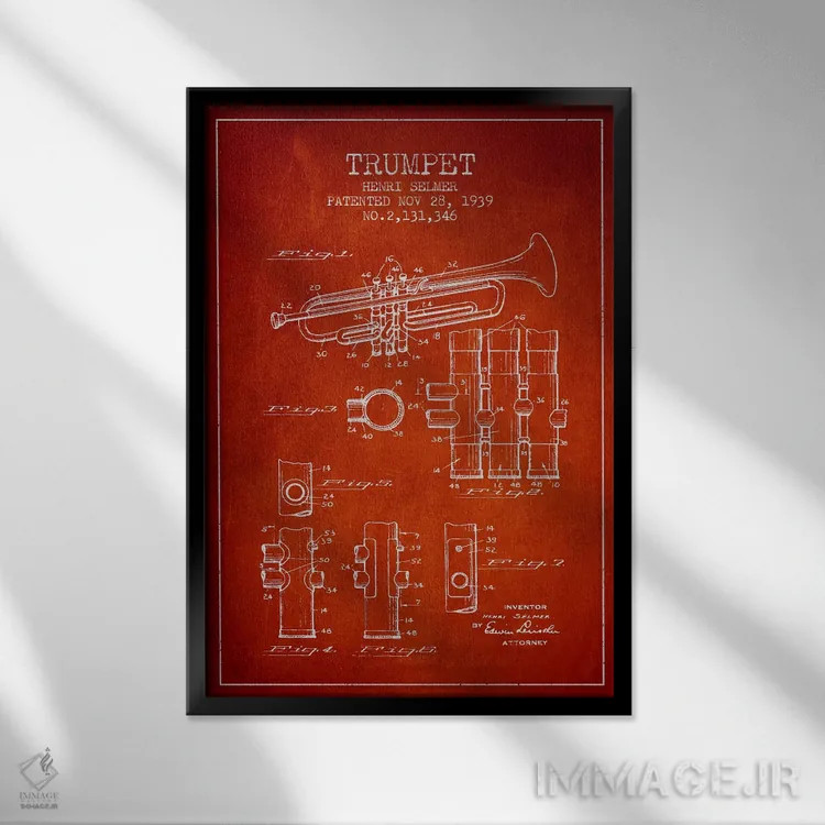 تابلو طرح ثبت اختراع ترومپت (قرمز) اثر پیکسل کهنه (استودیو/نام هنری) - نمای قابدار مشکی