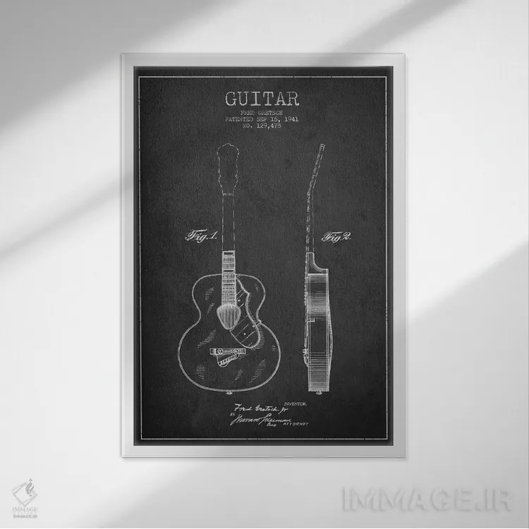 تابلو طرح ثبت اختراع گیتار (زغالی) اثر پیکسل کهنه (استودیو/نام هنری) - نمای قابدار سفید