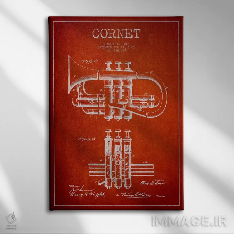 تابلو طرح ثبت اختراع کورنت (قرمز) اثر پیکسل کهنه (استودیو/نام هنری) - نمای روبهرو روی دیوار