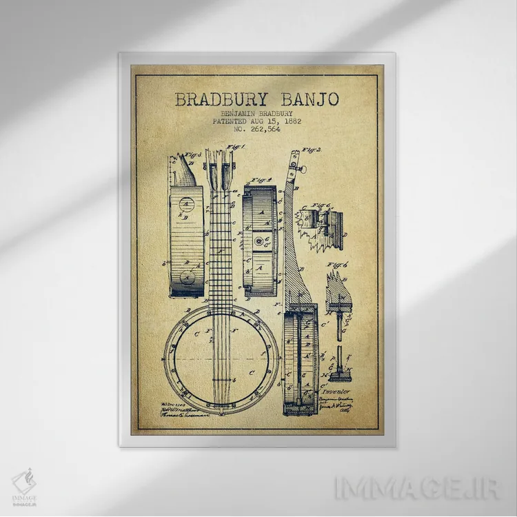 تابلو طرح ثبت اختراع بانجو (کهنه) اثر پیکسل کهنه (استودیو/نام هنری) - نمای قابدار سفید