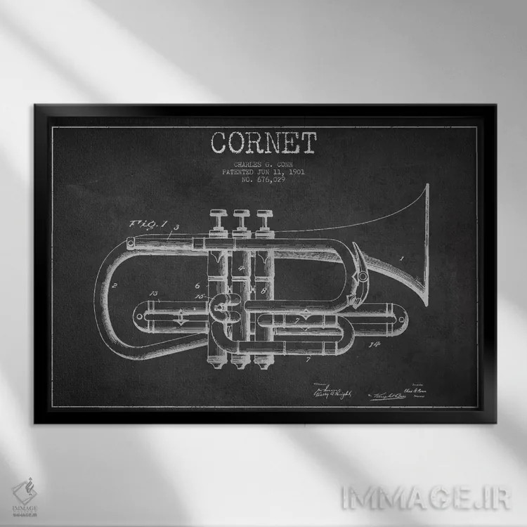 تابلو طرح ثبت اختراع کورنت (زغالی) (ساز بادی برنجی شبیه ترومپت) اثر پیکسل کهنه (استودیو/نام هنری) - نمای قابدار مشکی