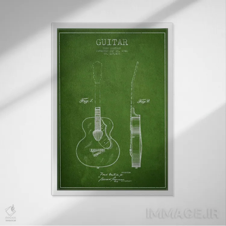 تابلو طرح ثبت اختراع گیتار (سبز) اثر پیکسل کهنه (استودیو/نام هنری) - نمای قابدار سفید