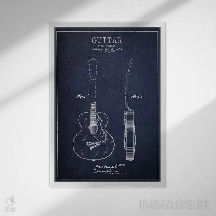 تابلو طرح ثبت اختراع گیتار (آبی نفتی) اثر پیکسل کهنه (استودیو/نام هنری) - نمای قابدار سفید