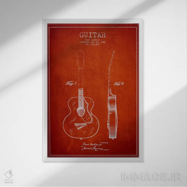 تابلو طرح ثبت اختراع گیتار (قرمز) اثر پیکسل کهنه (استودیو/نام هنری) - نمای قابدار سفید