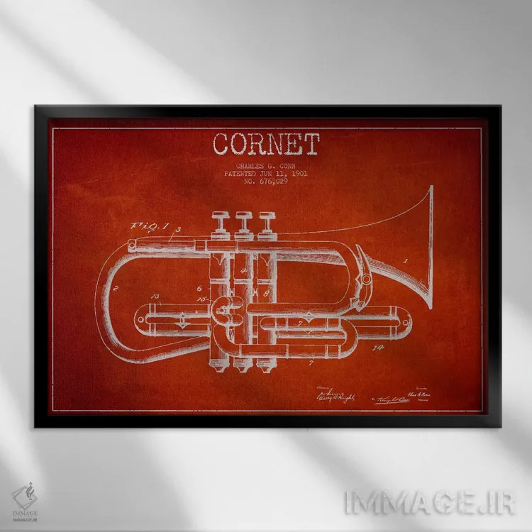 تابلو طرح ثبت اختراع کورنت (قرمز) اثر پیکسل کهنه (استودیو/نام هنری) - نمای قابدار مشکی