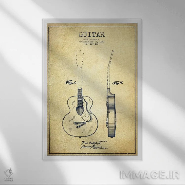 تابلو طرح ثبت اختراع گیتار (کهنه) اثر پیکسل کهنه (استودیو/نام هنری) - نمای قابدار سفید