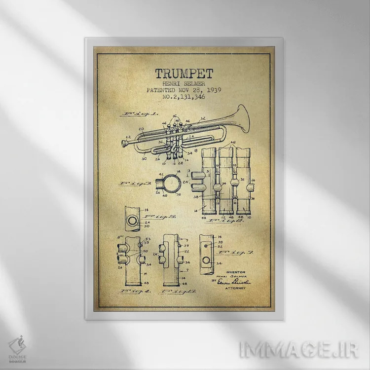 تابلو طرح ثبت اختراع ترومپت (کهنه) اثر پیکسل کهنه (استودیو/نام هنری) - نمای قابدار سفید