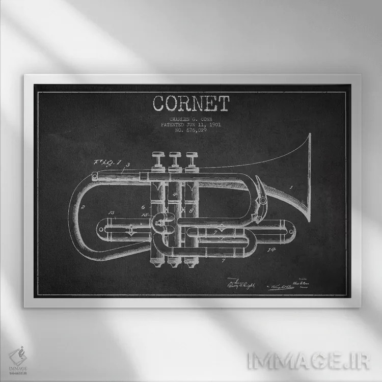 تابلو طرح ثبت اختراع کورنت (زغالی) (ساز بادی برنجی شبیه ترومپت) اثر پیکسل کهنه (استودیو/نام هنری) - نمای قابدار سفید
