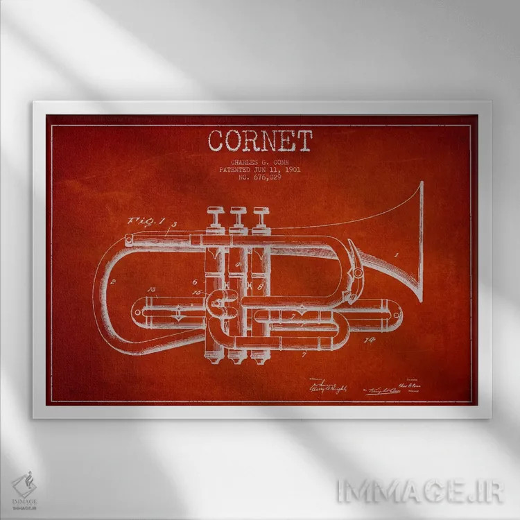 تابلو طرح ثبت اختراع کورنت (قرمز) اثر پیکسل کهنه (استودیو/نام هنری) - نمای قابدار سفید