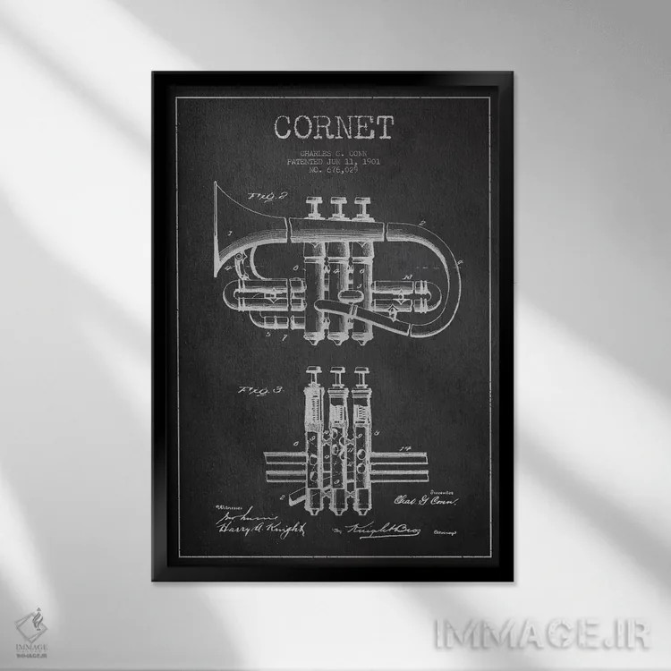 تابلو طرح ثبت اختراع کورنت (زغالی) اثر پیکسل کهنه (استودیو/نام هنری) - نمای قابدار مشکی