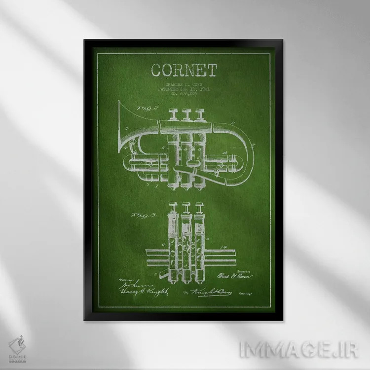 تابلو طرح ثبت اختراع کورنت (سبز) اثر پیکسل کهنه (استودیو/نام هنری) - نمای قابدار مشکی