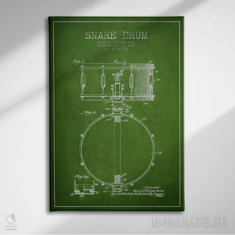 تابلو طرح ثبت اختراع درام (سبز) اثر پیکسل کهنه (استودیو/نام هنری) - نمای روبهرو روی دیوار